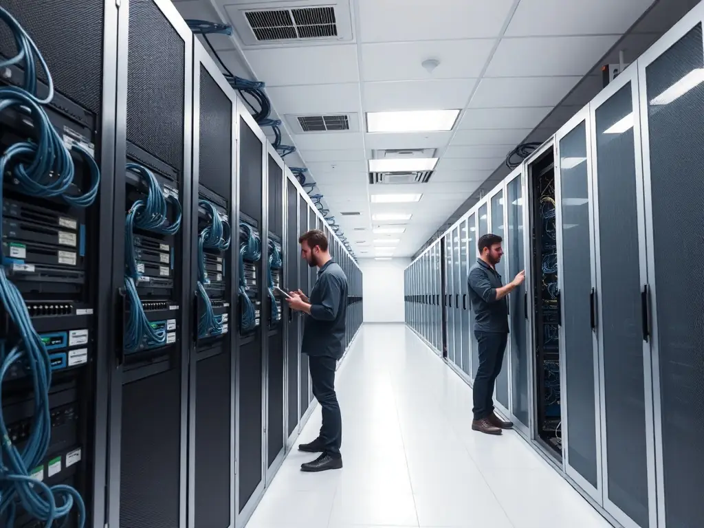 A well-organized server room with neatly arranged and labeled network cables, highlighting the importance of structured cabling for efficient logistics operations.