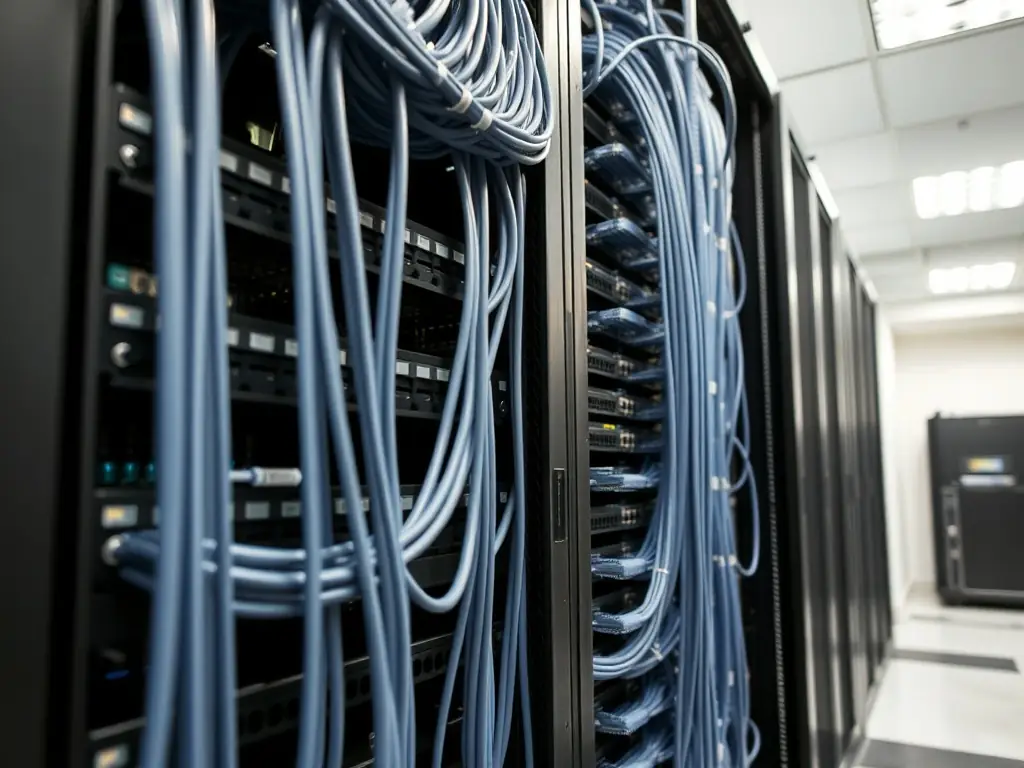 A network rack in a well-organized server room, showcasing neatly arranged and labeled Cat6 cables, highlighting the importance of structured cabling for efficient network management.