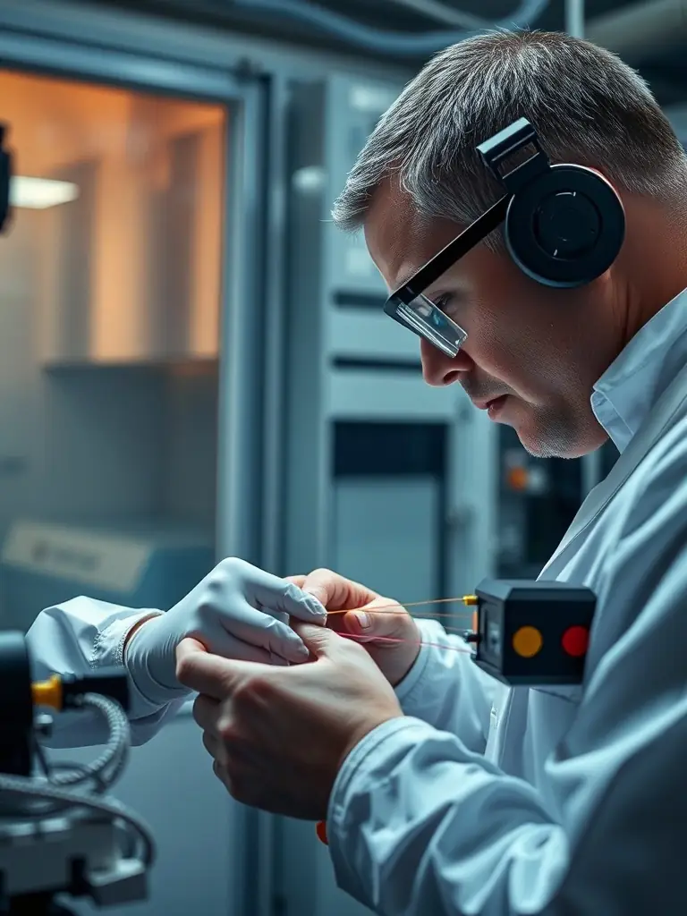 An image of a fiber optic cable being spliced in a cleanroom environment within a manufacturing facility, showcasing precision and high-quality connections.