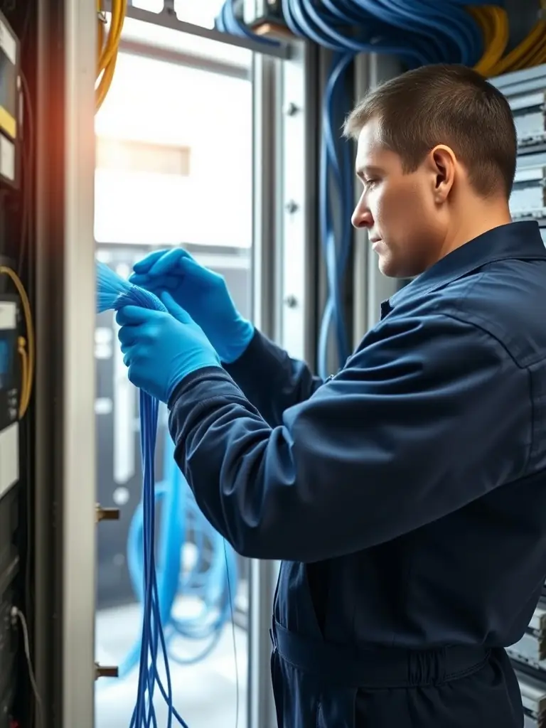 A technician performing routine maintenance on a fiber optic distribution panel in a multi-tenant building, emphasizing the reliability and expert support provided by Network Cabling Atlanta.