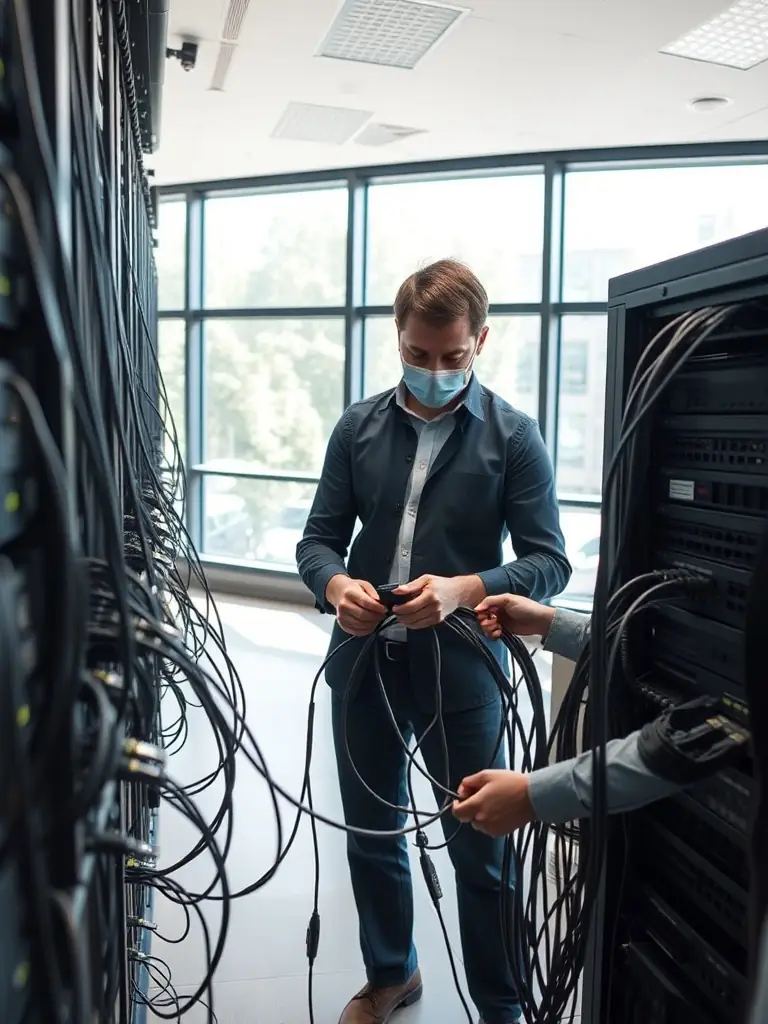 Technicians installing organized cabling in a modern office environment with neatly routed cables and labeled connections, showcasing structured cabling installation.