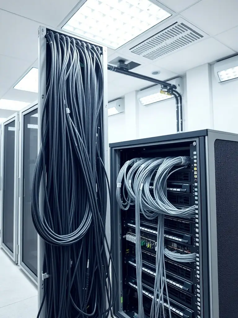A professionally organized network rack with neatly dressed cables, showcasing the improved organization benefit.