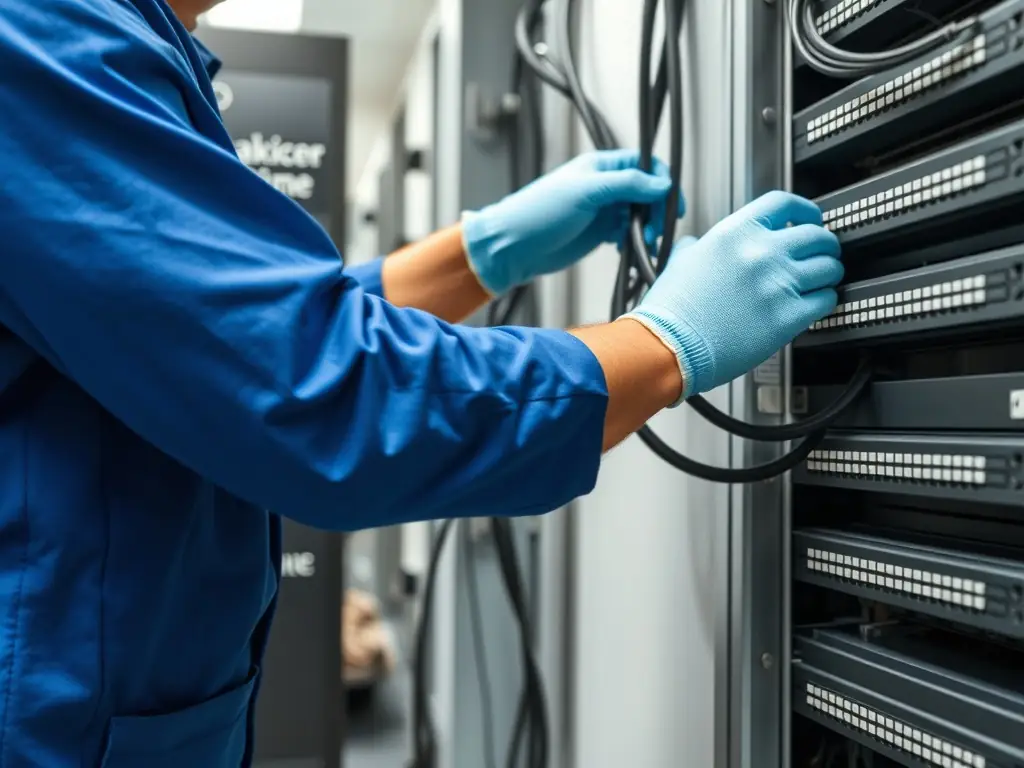 A technician installing secure cabling in a financial institution, emphasizing the importance of data protection and compliance with industry regulations.