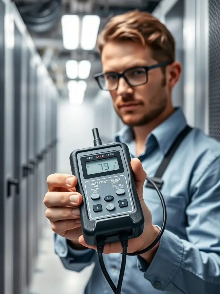 A picture of a technician using specialized testing equipment to certify network cable performance, emphasizing the importance of quality assurance.