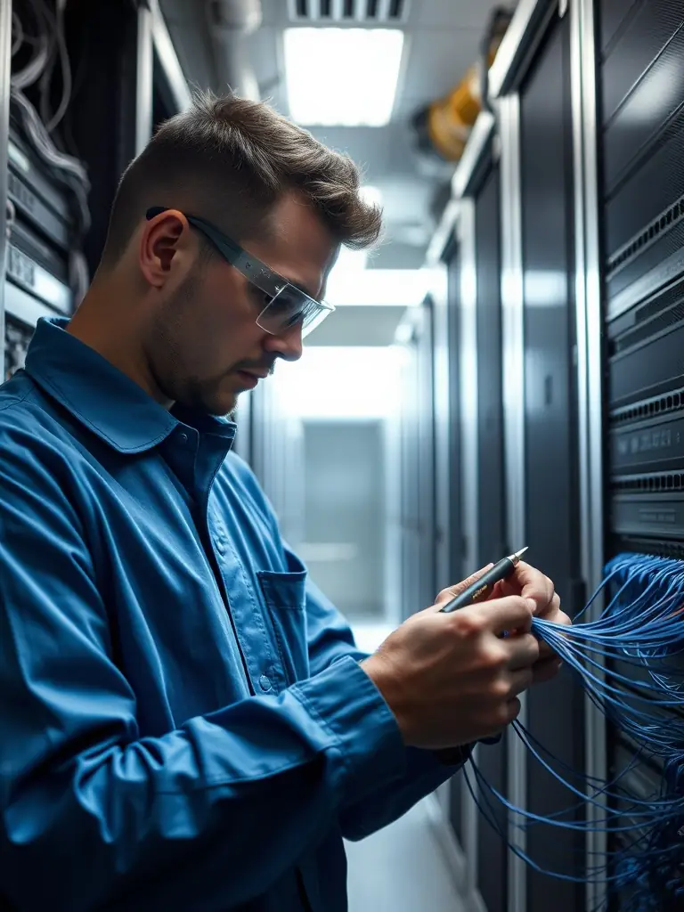 A technician carefully splicing fiber optic cables in a data center, using specialized equipment to ensure precise connections and minimal signal loss.