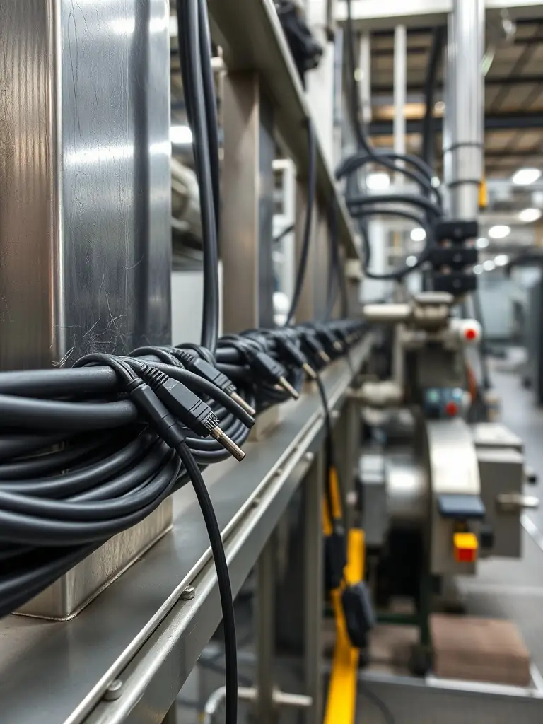 An image of shielded Cat6 cabling running alongside heavy machinery in a factory, demonstrating its resistance to electromagnetic interference.