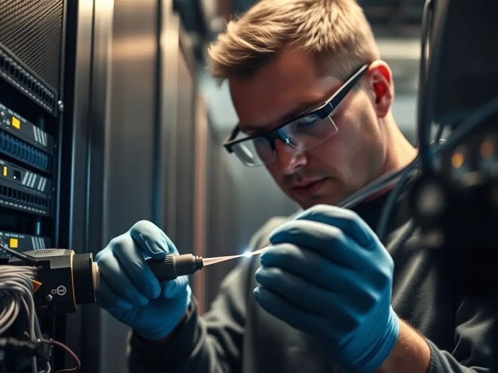 An image showcasing a technician performing fiber optic splicing in a data center environment, emphasizing the expertise and precision involved in Network Cabling Atlanta's services.