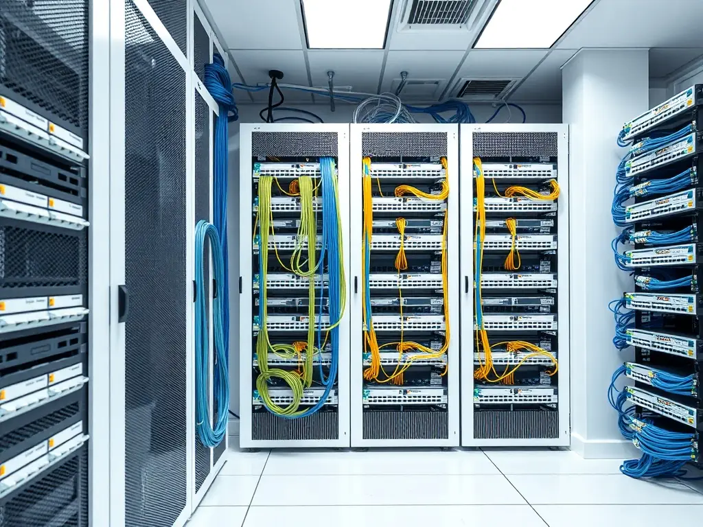 A clean and organized server room with neatly arranged and labeled Cat6 cables, showcasing professional structured cabling services.