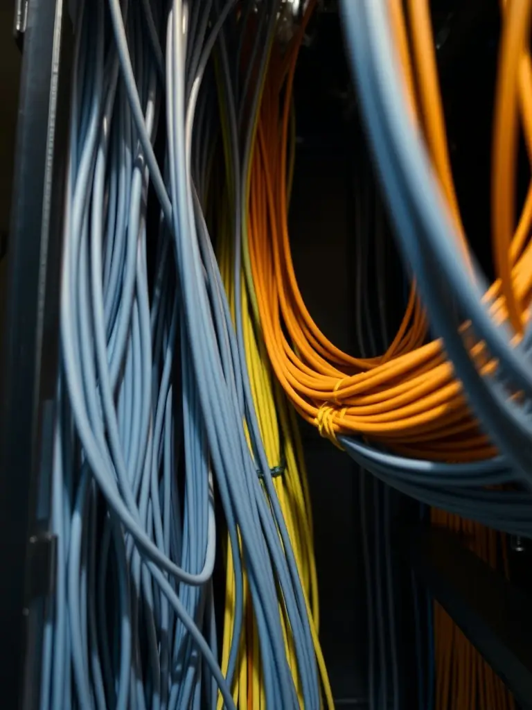 A close-up shot of riser cabling within a multi-tenant building, emphasizing the importance of vertical connectivity and structured cabling practices.