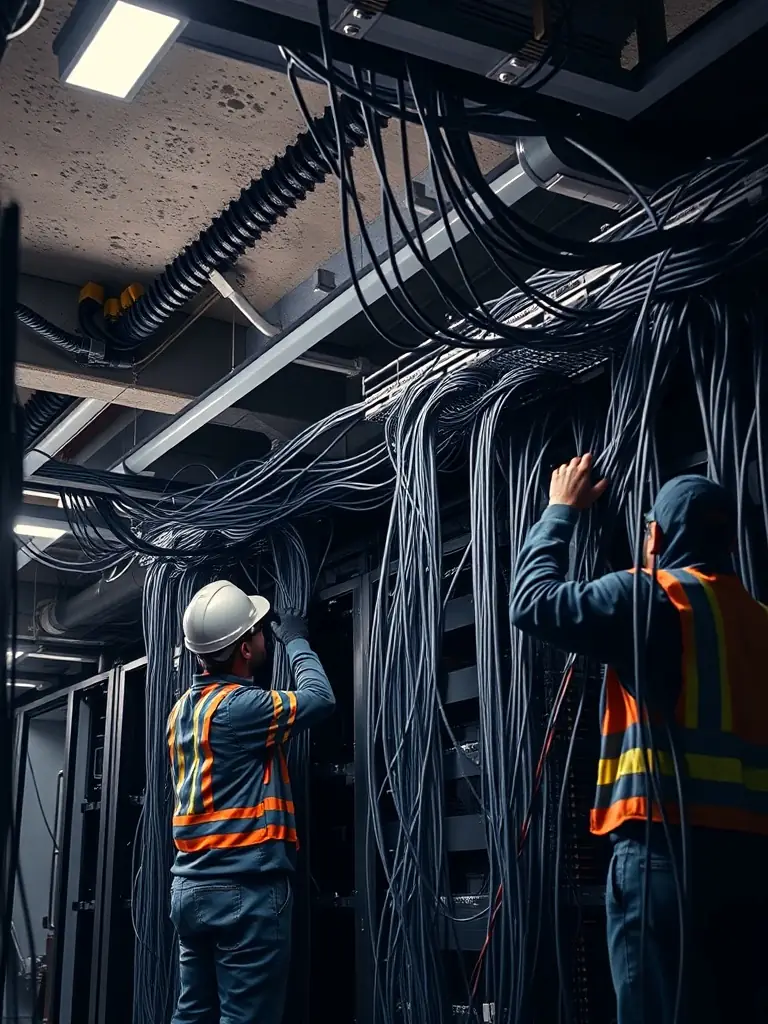 A picture of a tenant buildout in a multi-tenant space, showing the process of installing network cabling and connectivity for a new tenant.