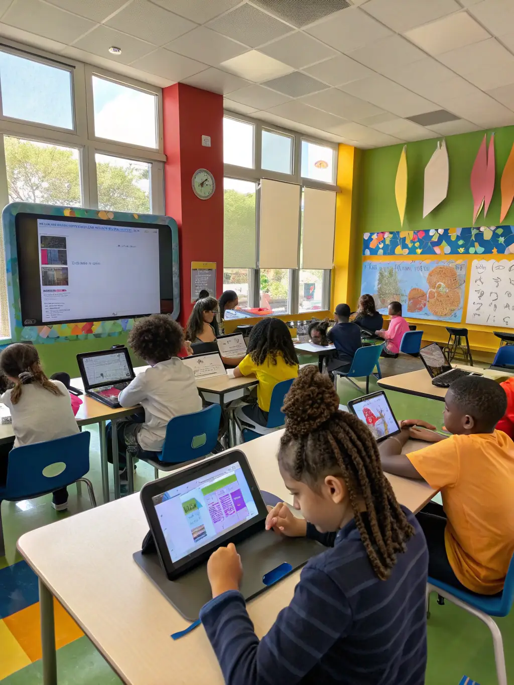 A brightly lit classroom with students actively engaged in a lesson using tablets and laptops, connected to a reliable Wi-Fi network. The teacher is facilitating the lesson with interactive digital tools.