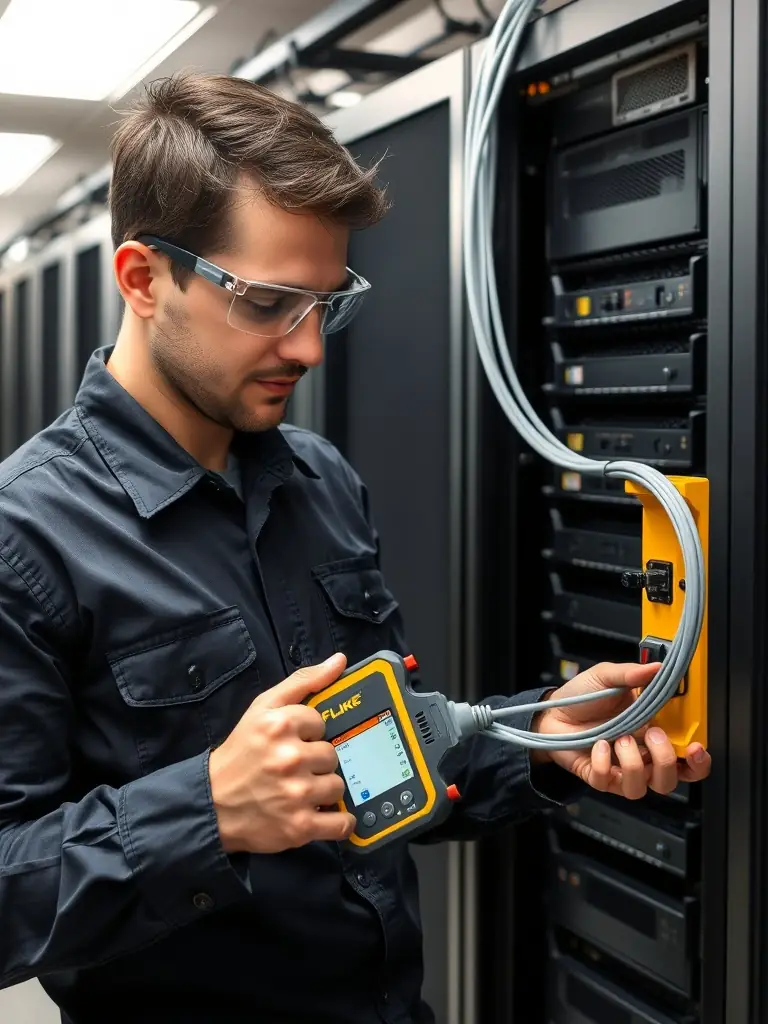 An image of a technician using a Fluke tester to certify a newly installed network cable in a factory setting, emphasizing compliance and performance.