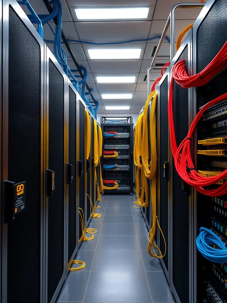 A wide shot of a well-organized network rack in a manufacturing facility's server room, demonstrating proper cable management and labeling.