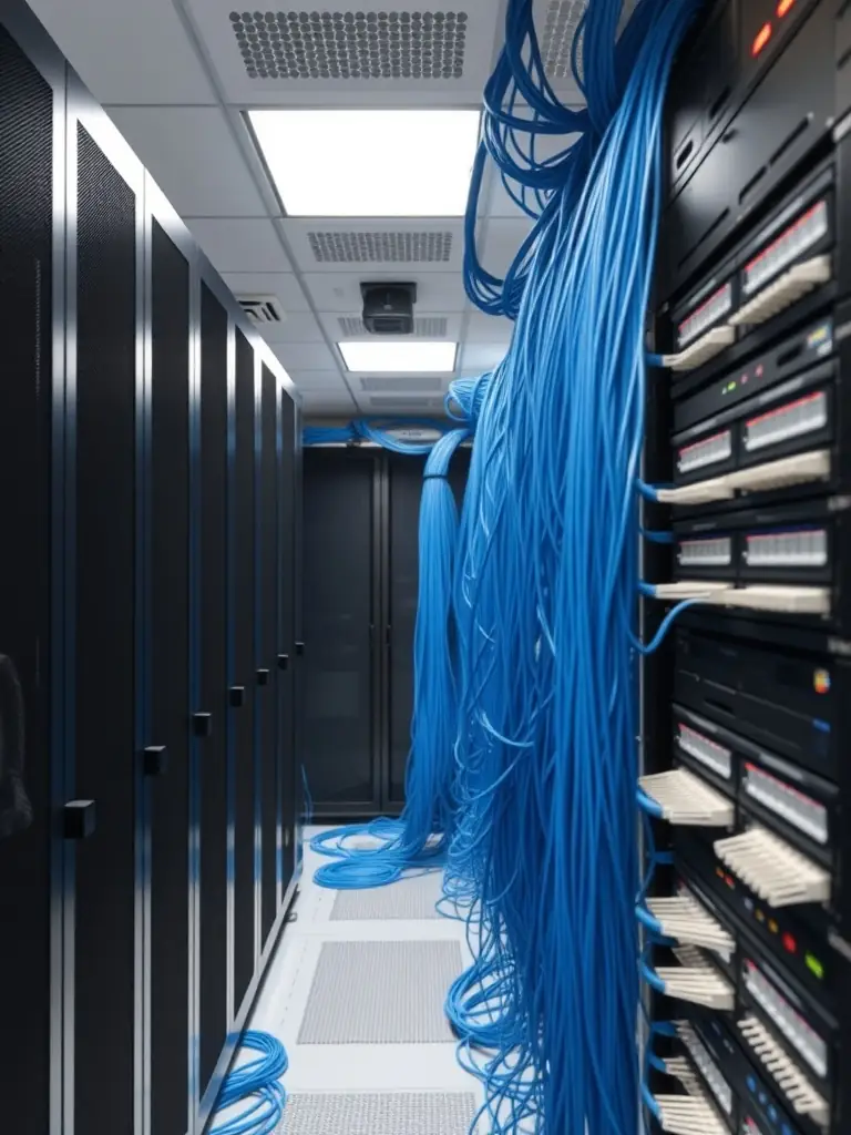 A well-organized network rack with neatly stacked servers and switches, demonstrating efficient use of space and proper cable management.