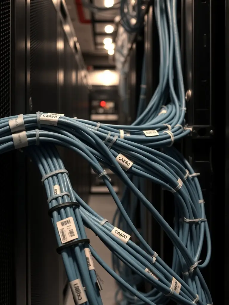 A close-up shot of industrial-grade Cat6 cabling being installed in a manufacturing facility, showcasing its robust shielding and construction.