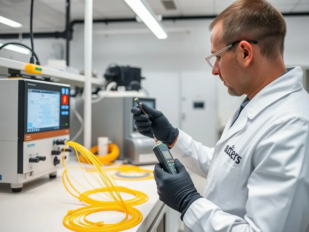 A technician uses a Fluke cable analyzer to test the performance of a newly installed fiber optic cable, ensuring TIA-568 compliance.