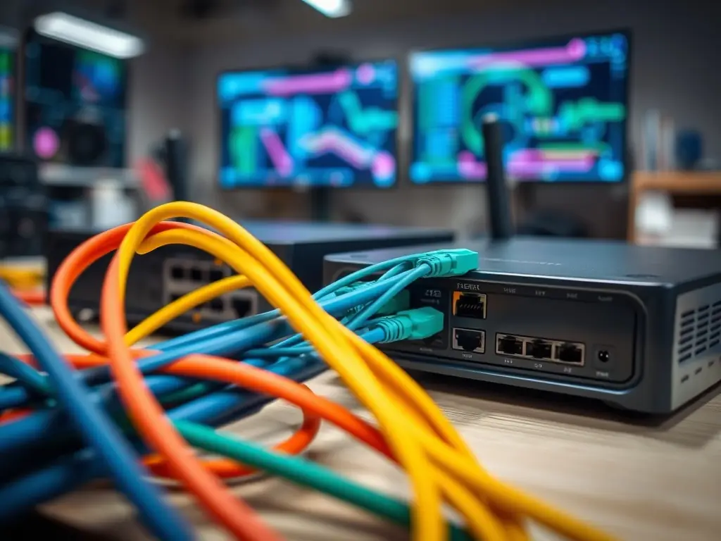A close-up shot of color-coded and labeled network cables running along a cable tray in a warehouse. The focus is on the clarity and organization of the cabling, highlighting the attention to detail in the installation.