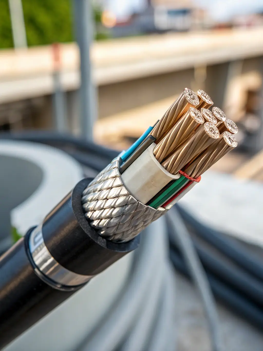 A close-up shot of industrial-grade shielded Cat6 cabling installed in a manufacturing plant, highlighting its robust construction and interference protection.