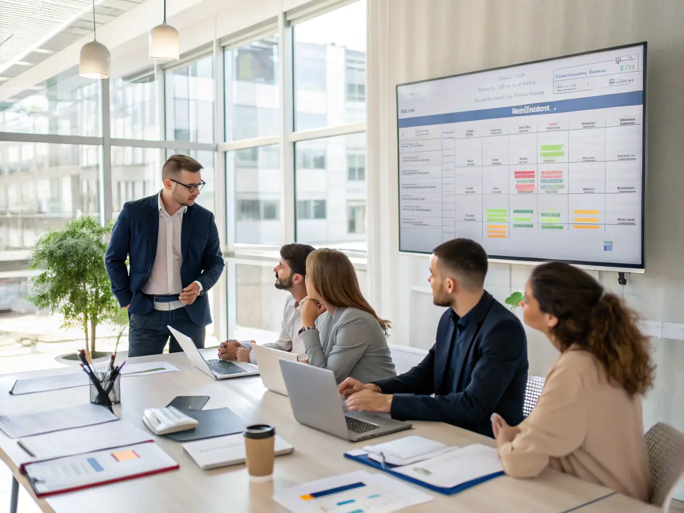 A project manager reviews a network cabling blueprint with a client in a modern office setting, emphasizing nationwide deployment capabilities.