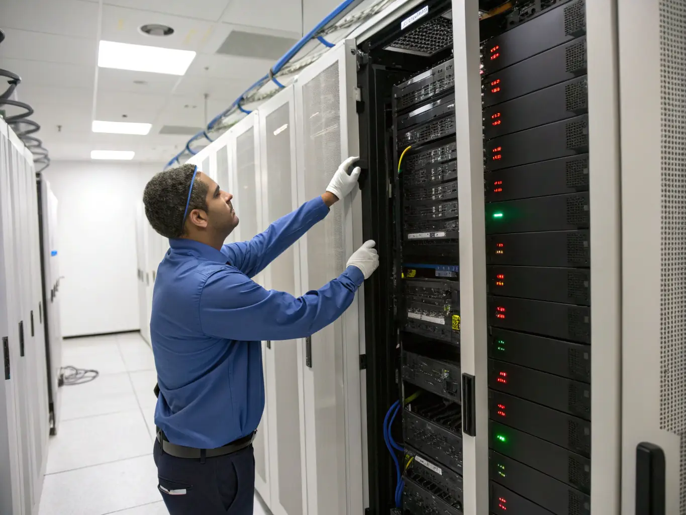A technician remotely accessing a server rack in a data center, highlighting the remote support aspect of Network Cabling Atlanta's services.