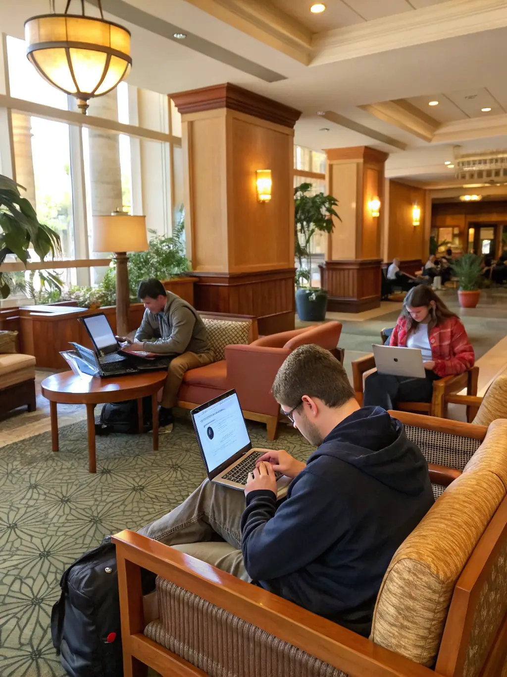 A professional photo showcasing a hotel lobby with many guests using their mobile devices, highlighting the need for robust Wi-Fi. The image should convey seamless connectivity and a positive guest experience.