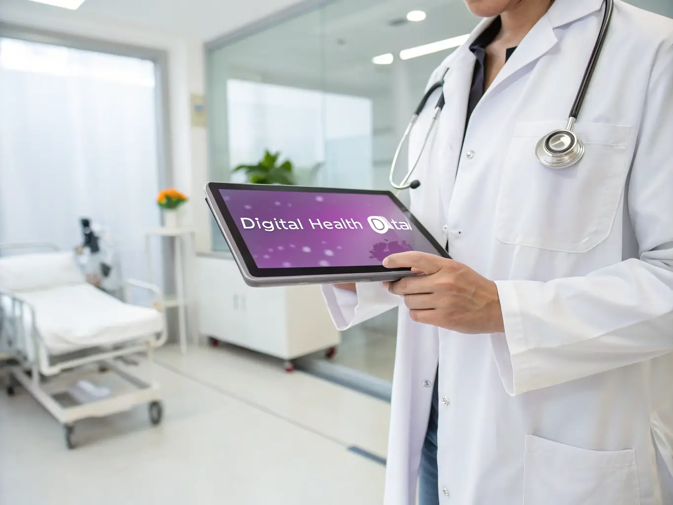 A medical professional using a tablet with a secure network connection, emphasizing the need for reliable and secure data transmission in healthcare facilities.