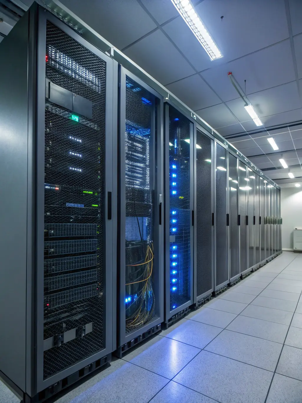 A photograph showcasing a well-organized server room in a multi-tenant building, highlighting the shared infrastructure and efficient cable management.