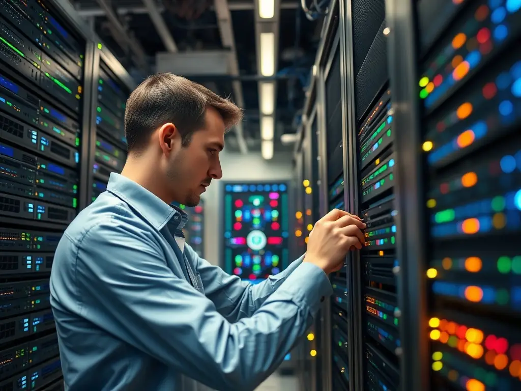 A technician providing smart hands support in a server room, highlighting quick response and problem-solving skills.