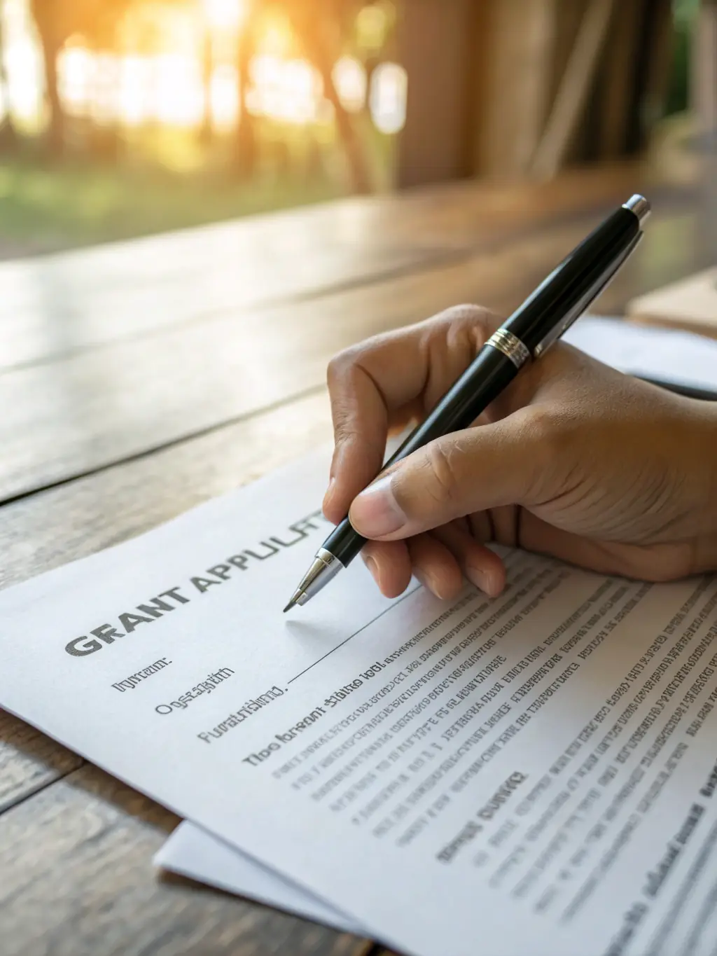 A close-up shot of a financing application form being filled out, with a pen hovering over the signature line, emphasizing the ease and speed of the application process.