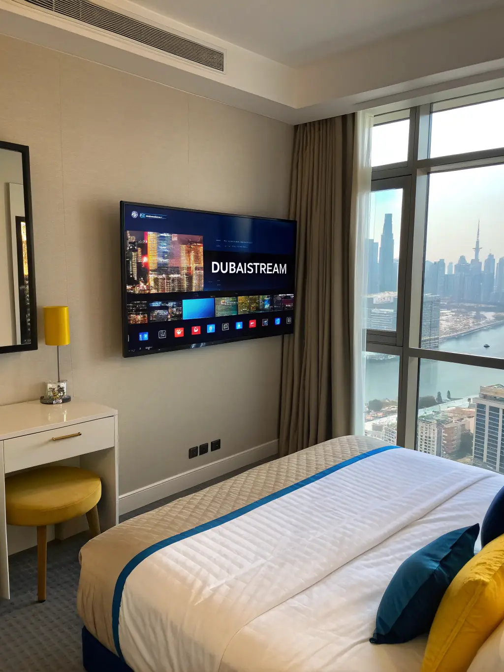 A photo depicting a hotel entertainment system with IPTV integration, showcasing the variety of channels and on-demand content available to guests.