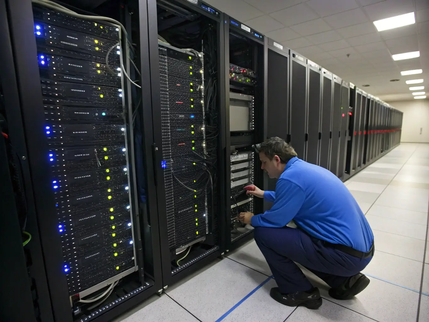 A clean and organized server room with neatly arranged Cat6 cables, showcasing the professional installation and management of network infrastructure.