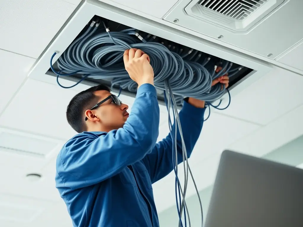 A technician installing Cat6 cables in a modern office environment, highlighting the professional and efficient installation process.