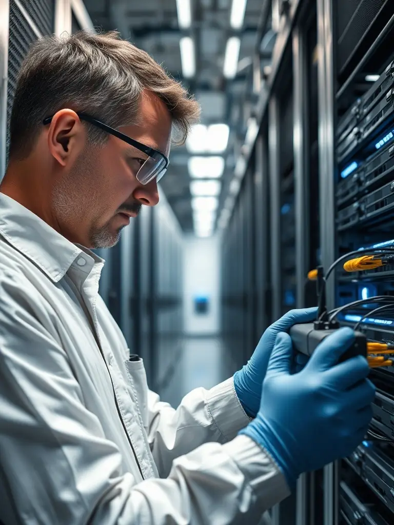 A technician splicing fiber optic cables in a cleanroom environment within a manufacturing plant, highlighting the precision and expertise involved.
