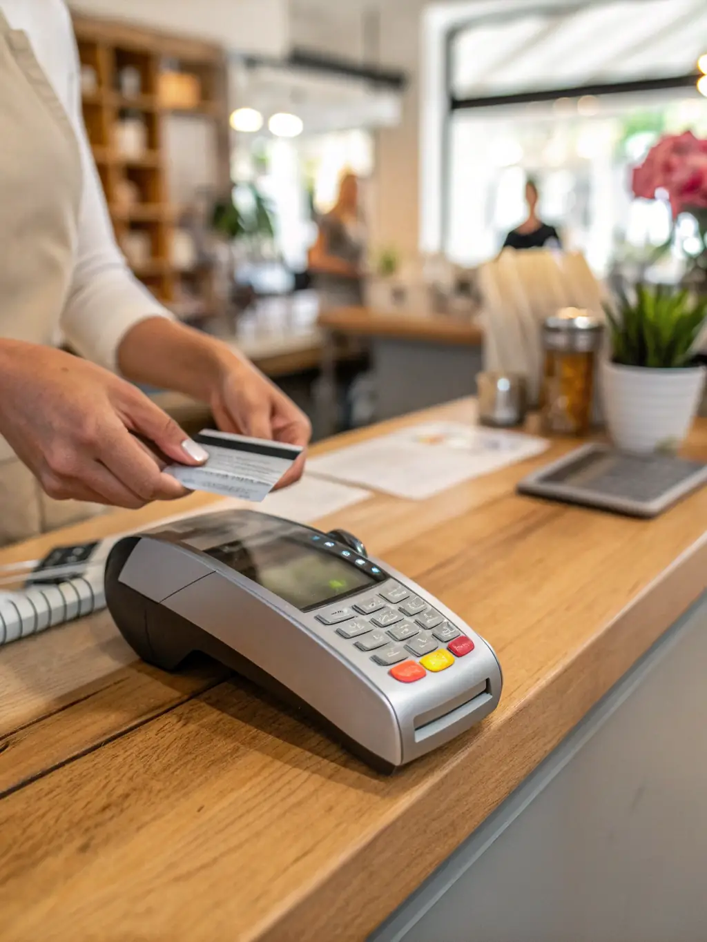 A close-up of a secure and reliable POS system connected via structured cabling in a retail checkout area.