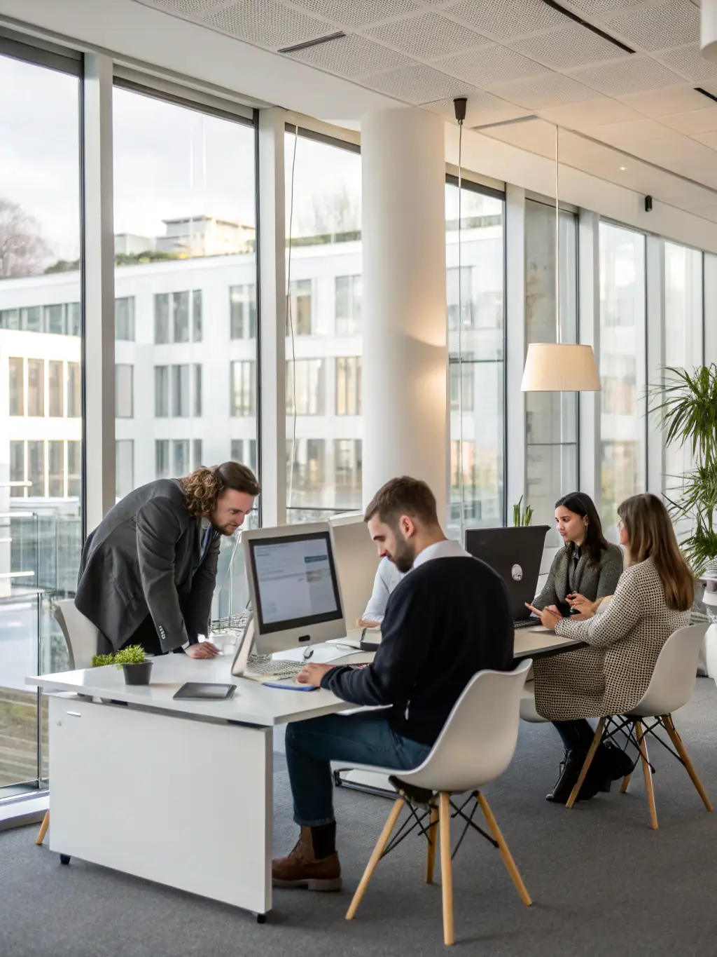 A diverse group of professionals working in a modern office space, all connected to a reliable and high-speed network provided by Network Cabling Atlanta.