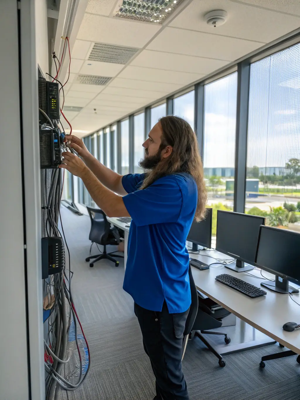A photo of a technician expertly installing new network cables in an office environment, showcasing the company's expertise in rewiring and upgrades.