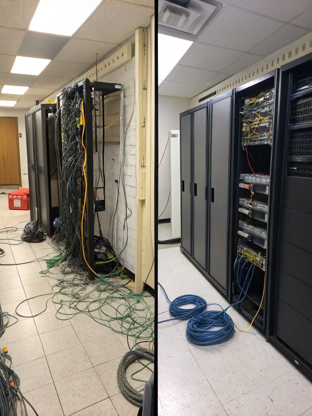 A before-and-after image showing a messy, disorganized rack transformed into a clean, structured setup.