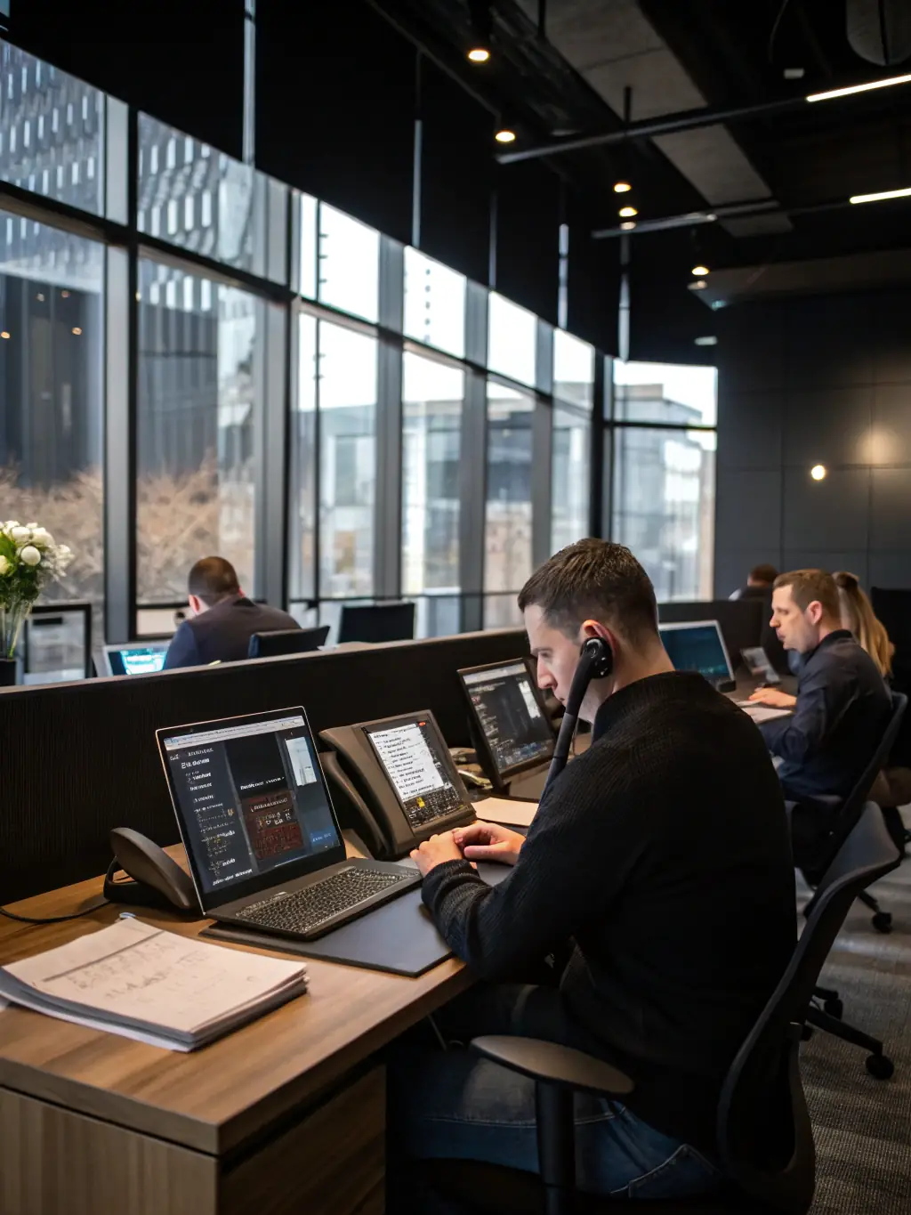 An image of modern VoIP phones in a hotel's front desk and guest rooms, illustrating the clarity and efficiency of the VoIP communication system.