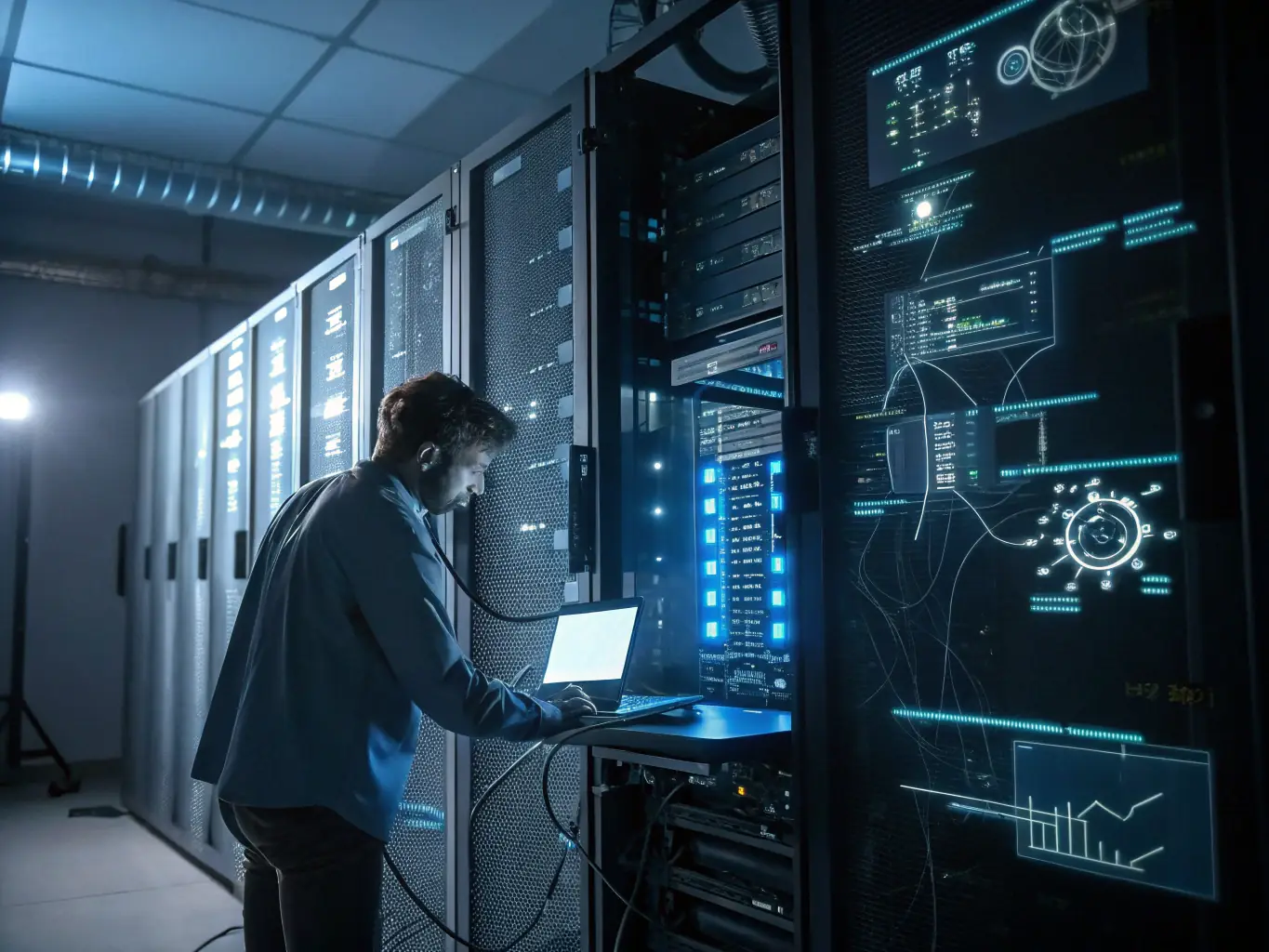 A certified technician is working on complex network cabling, highlighting the expertise and professionalism of Network Cabling Atlanta's team.