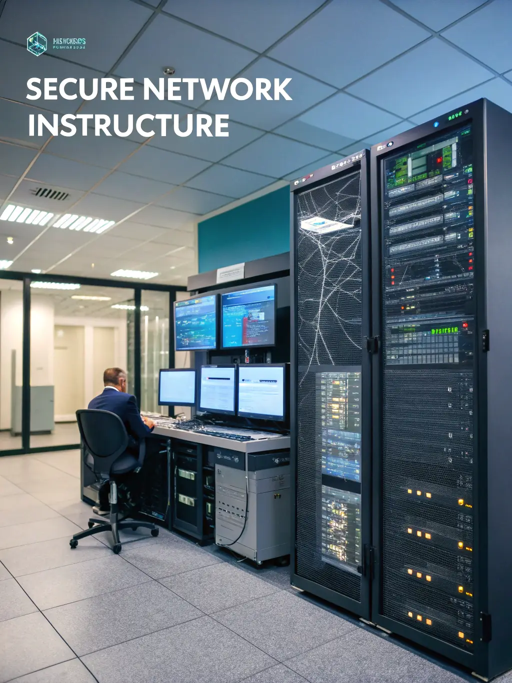 A secure network infrastructure diagram with firewalls and intrusion detection systems, emphasizing data protection.