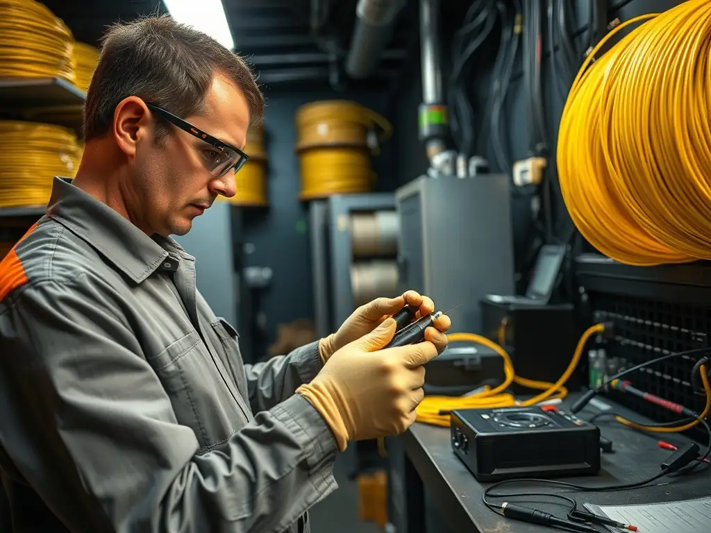 A technician splicing fiber optic cables with precision, highlighting the expertise in fiber optic installation and maintenance.