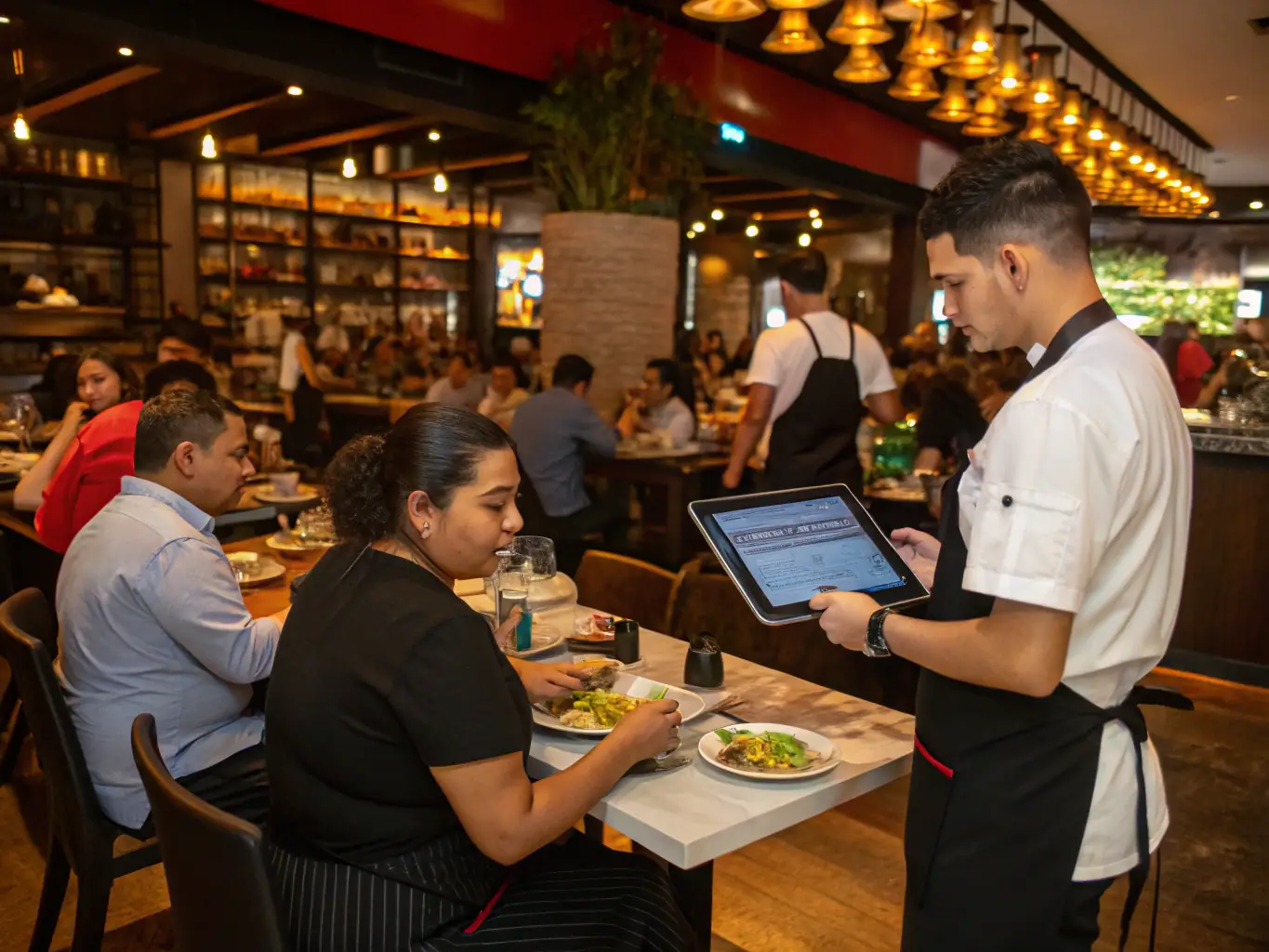 A close-up shot of a busy restaurant during peak hours, with customers using their devices and staff efficiently processing orders, highlighting the importance of reliable network connectivity for smooth operations.