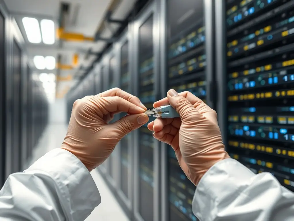 A close-up image of a technician splicing fiber optic cables with precision tools in a data center setting.