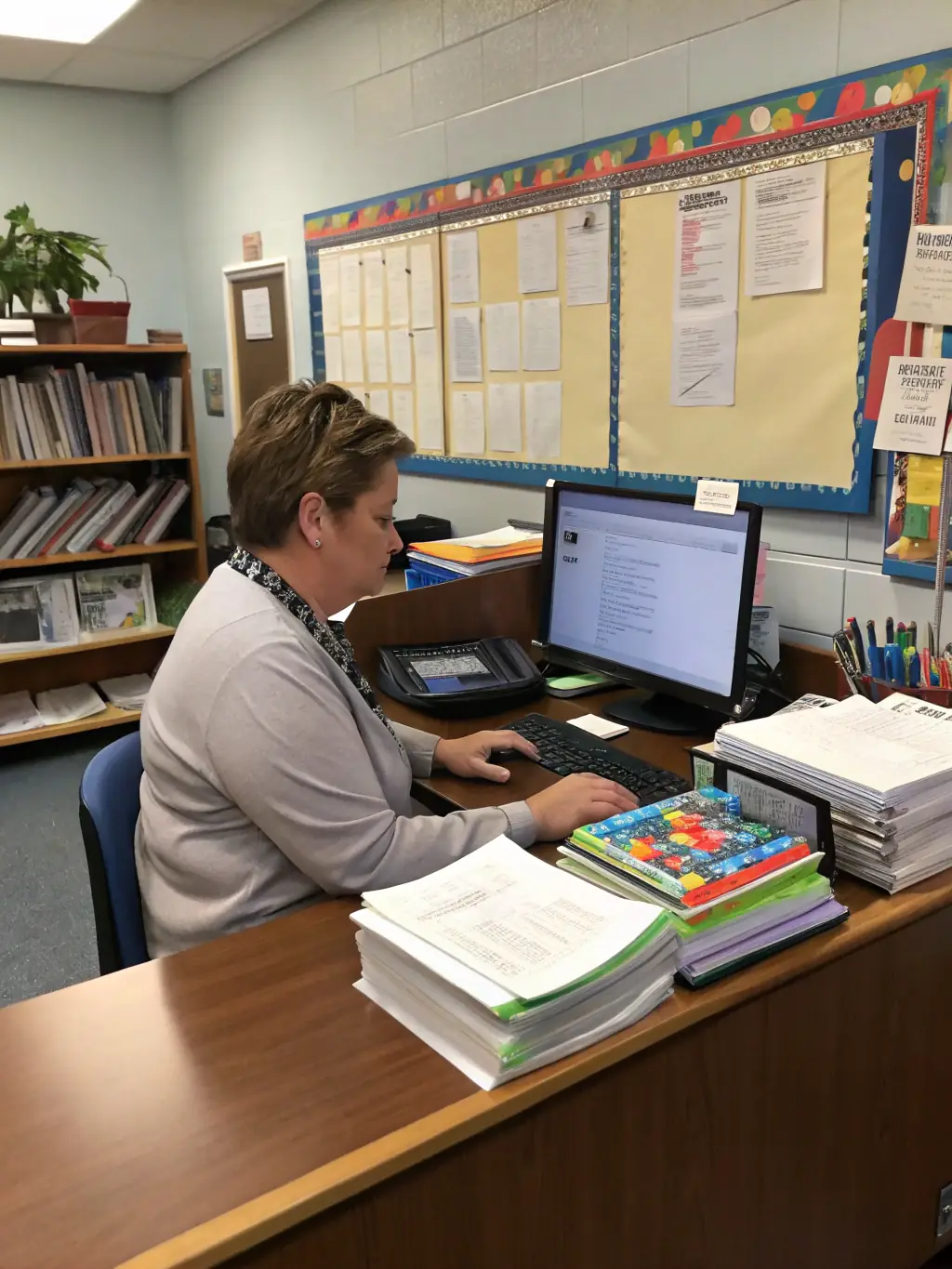 A school administrator efficiently managing student records and communication through a secure and reliable network system. The scene depicts a modern, organized office setting.
