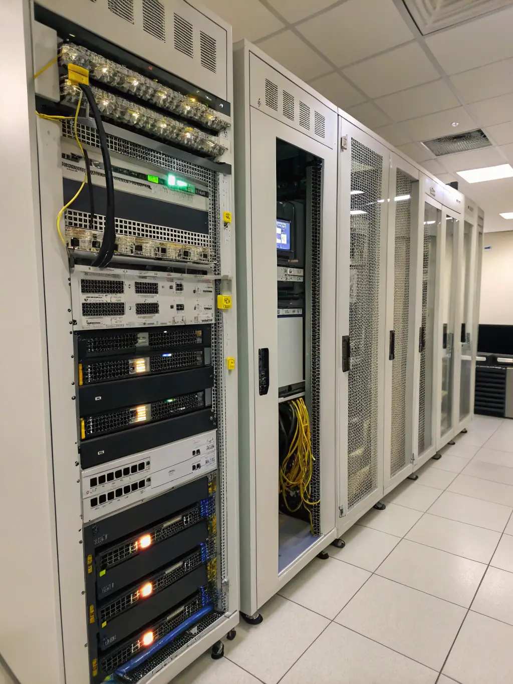 A well-organized MDF/IDF room with clearly labeled cables and equipment, demonstrating a clean and efficient network infrastructure setup.