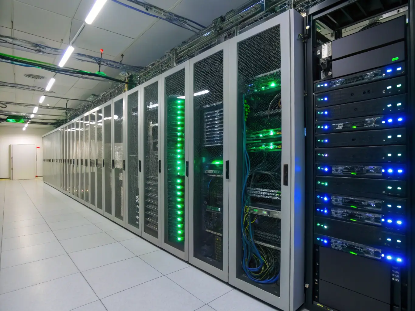 A high-resolution image depicting a secure server room with multiple blinking lights, symbolizing data security and network reliability. The room is clean, organized, and features advanced cooling systems.