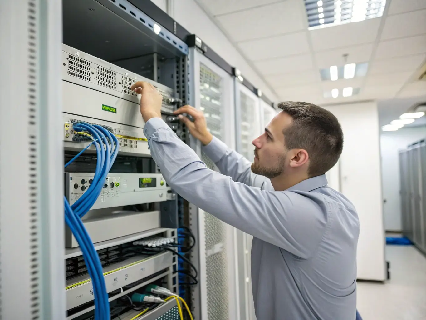 A professional installer meticulously crimps the end of a Cat6 cable in a server room, showcasing precision and attention to detail.