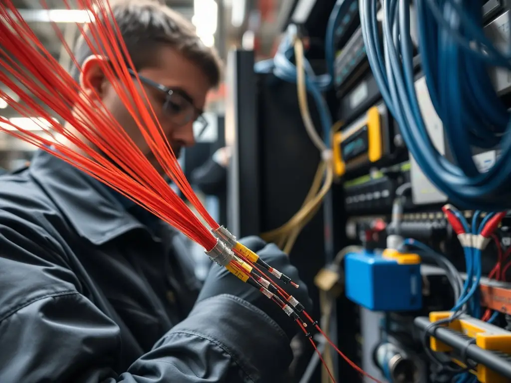 A photograph showing a technician in a hard hat and safety vest, carefully installing fiber optic cables in a warehouse environment. The background includes visible racking and warehouse equipment, emphasizing the industrial setting.