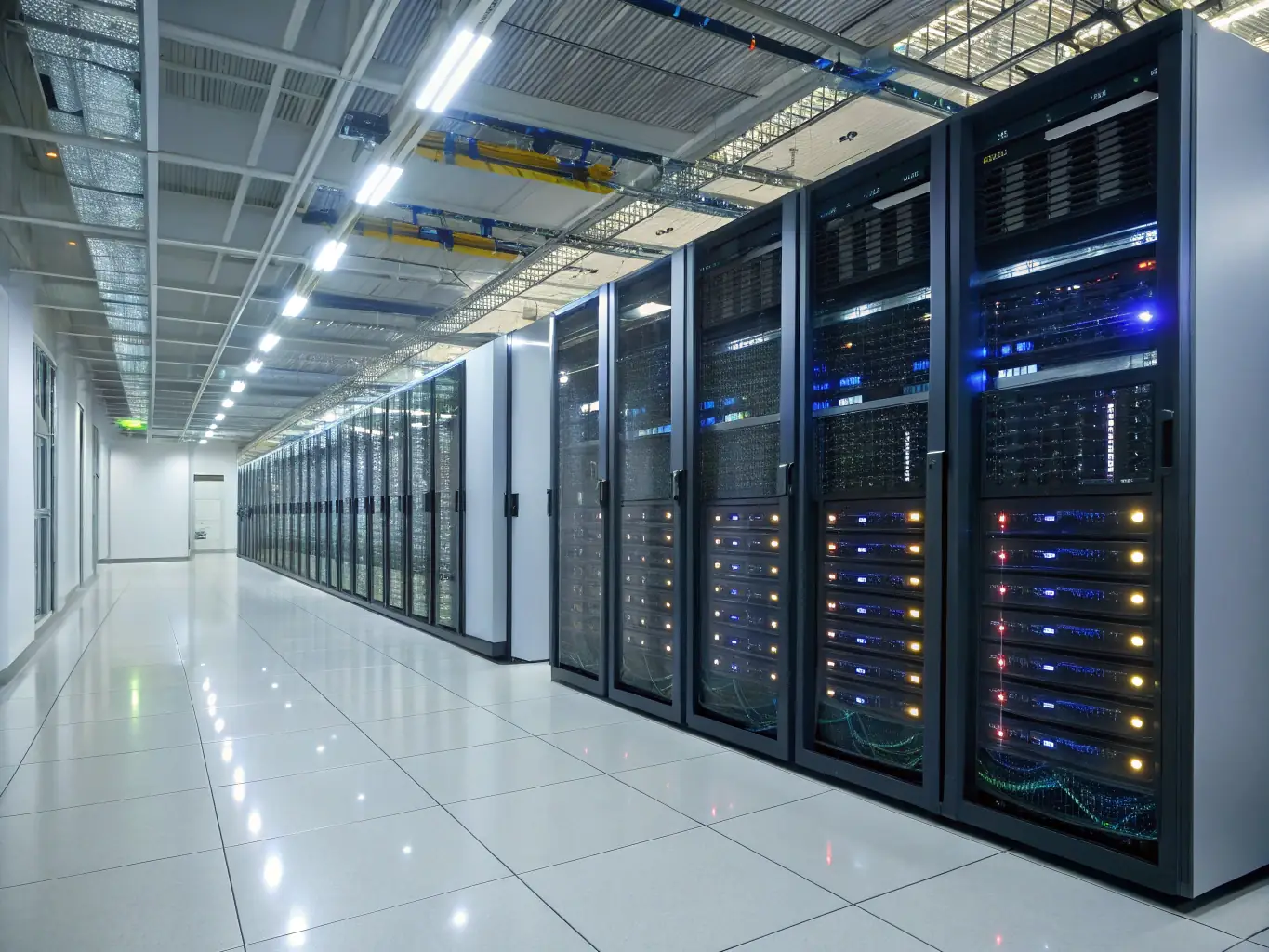 A wide shot of a modern data center with clean cable management and organized racks, illustrating the future-proof infrastructure provided by Network Cabling Atlanta.