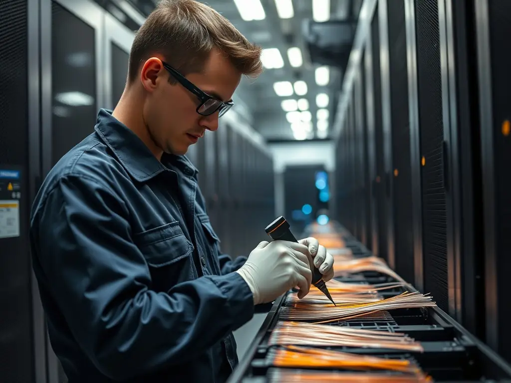 A technician carefully splicing fiber optic cables in a data center environment, demonstrating Network Cabling Atlanta's expertise in fiber optic technology.